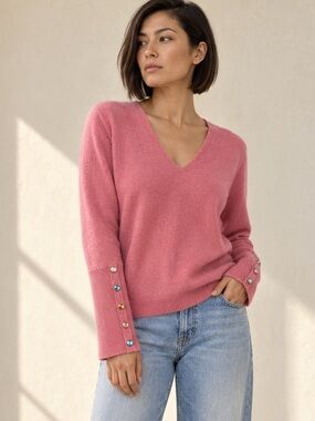 One Girl Who Rose Pink Cashmere V-Neck Jewel Cuff Sweater Sz L